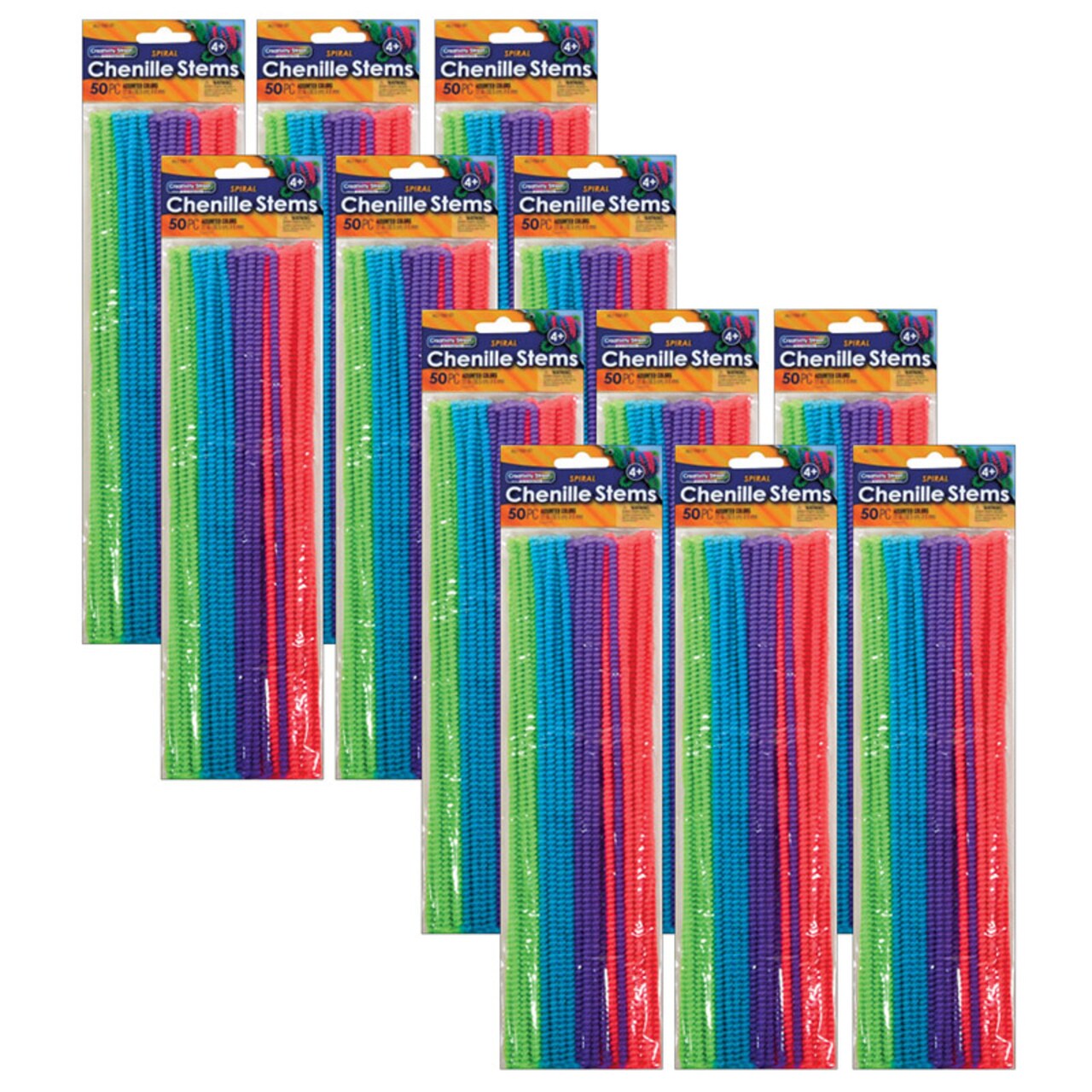 Spiral Chenille Stems, Assorted Colors, 12" X 6 Mm, 50 Per Pack, 12 Packs